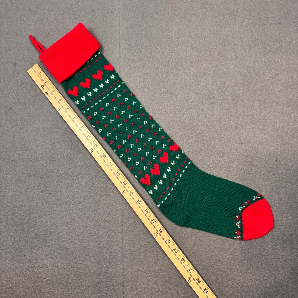 Vtg Knit Christmas Stocking Red Green Hearts Grannycore Grandmacore Rustic 24in